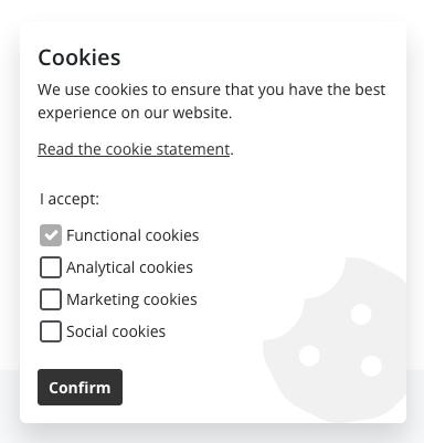Screenshot of the cookie notice. This contains an introduction text with a link to the cookie statement and the form with the three types which can be accepted (analytical, marketing and social).