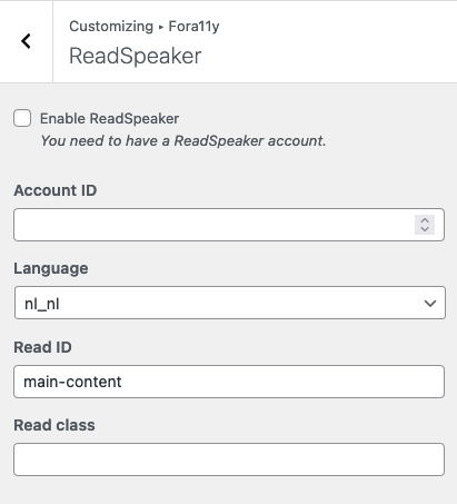 Screenshot of the customize settings for ReadSpeaker. This contains the fields that can be set to enable ReadSpeaker in your website.